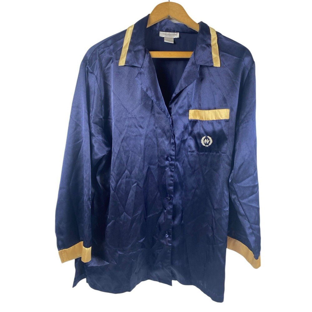 Jones New York Pajama Set Size L Blue Gold Silky PJs Old Money Quiet Luxury Vtg